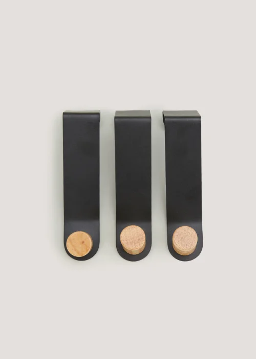 3 Pack Black Metal & Wood Hooks (12cm x 3cm x 3cm) Image 1