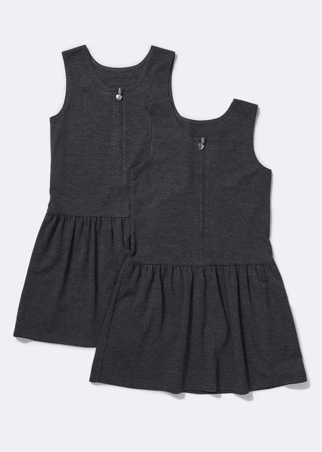 Girls 2 Pack Grey Zip Front Jersey Pinafores (3-9yrs)