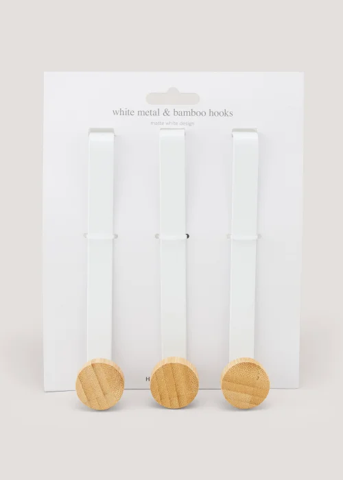 3 Pack White Metal & Bamboo Hooks (12cm x 3.5cm x 3cm) Image 1