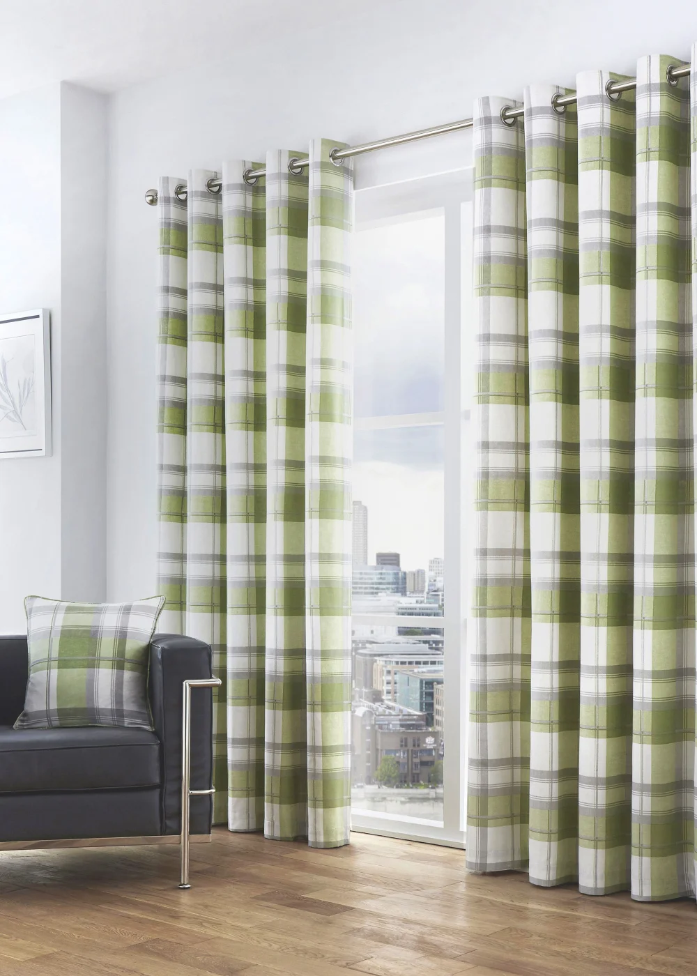 Fusion Balmoral Check Green Eyelet Curtains - 46W X 54D (116x137cm) Image 1