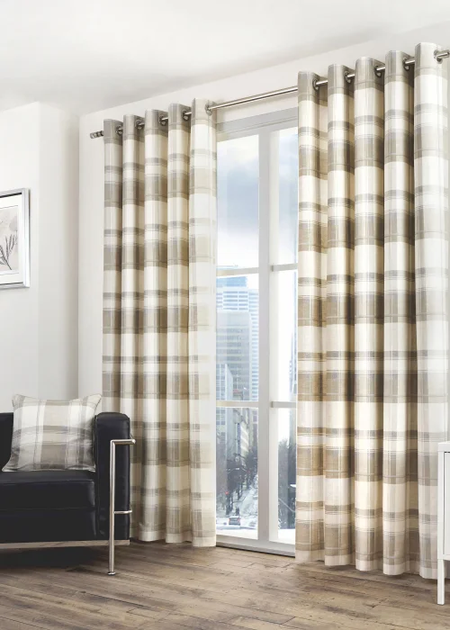 Fusion Balmoral Check Natural Eyelet Curtains - 46W X 54D (116x137cm) Image 1