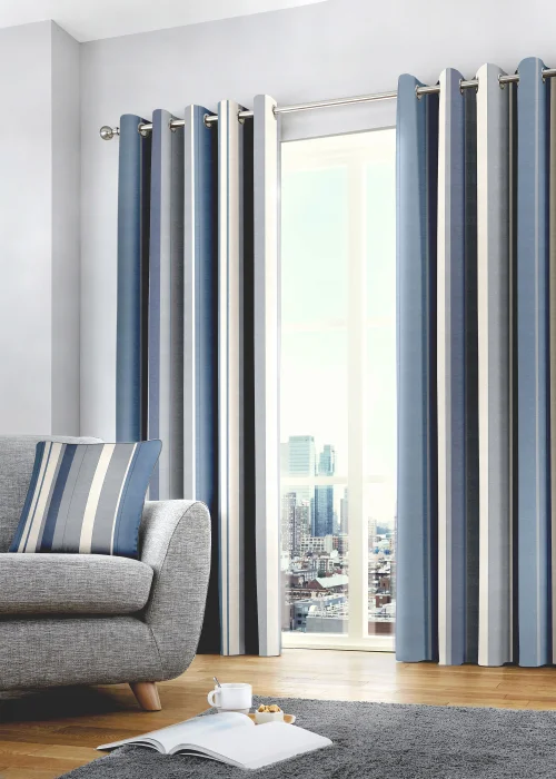 Fusion Whitworth Stripe Blue Eyelet Curtains - 46W X 54D (116x137cm) Image 4