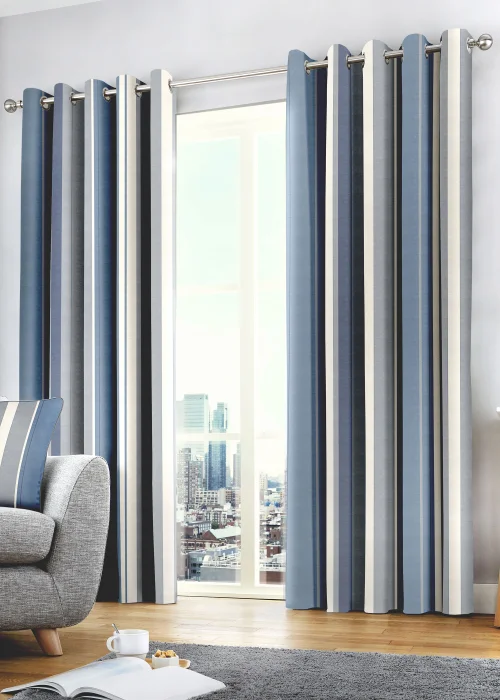 Fusion Whitworth Stripe Blue Eyelet Curtains - 46W X 54D (116x137cm) Image 1