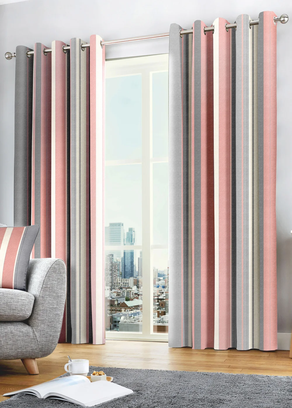 Fusion Whitworth Stripe Pink Eyelet Curtains - 46W X 54D (116x137cm) Image 1