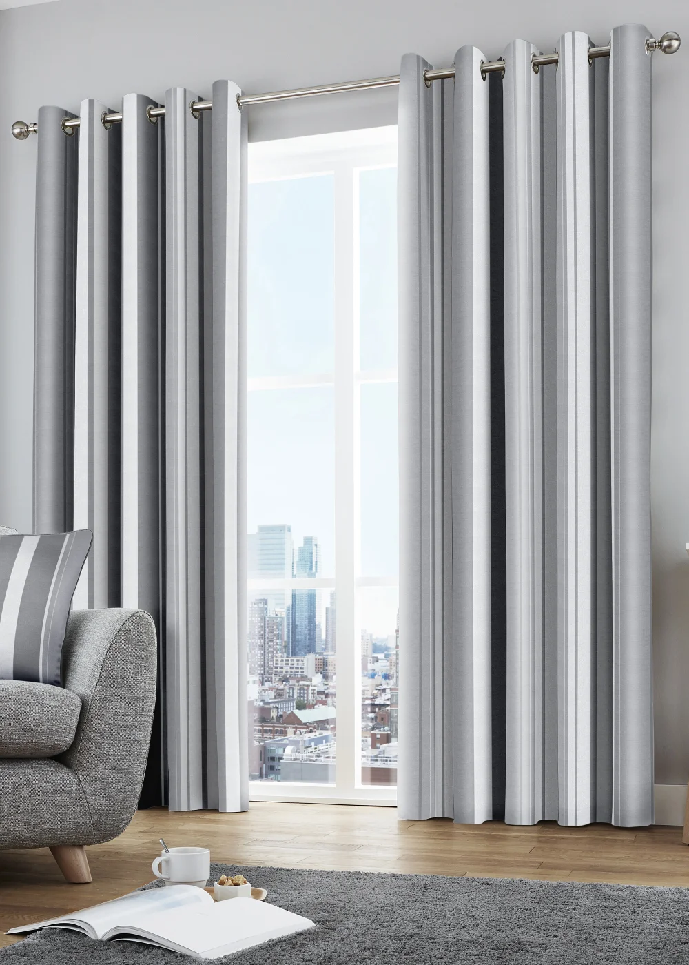 Fusion Whitworth Stripe Grey Eyelet Curtains - 46W X 54D (116x137cm) Image 1