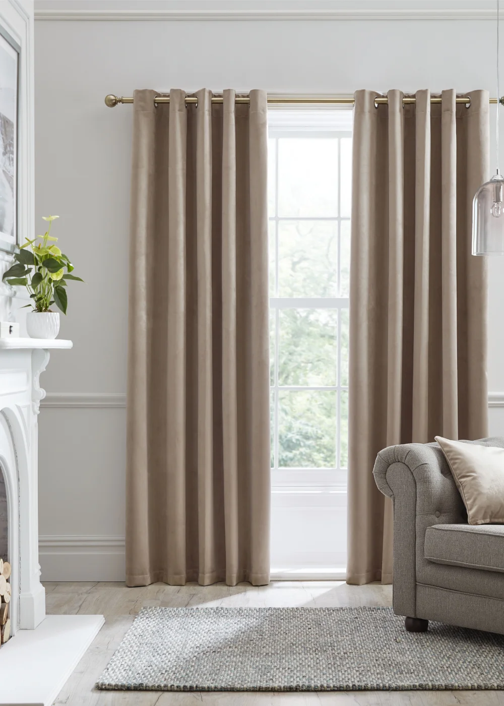 Laurence Llewelyn-Bowen Montrose Velvet Blackout Beige Eyelet Curtains - 46W X 54D (116x137cm) Image 1