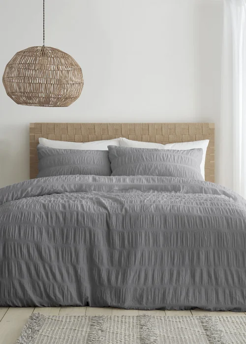 Catherine Lansfield Seersucker Duvet Cover Set Grey - Single Image 1