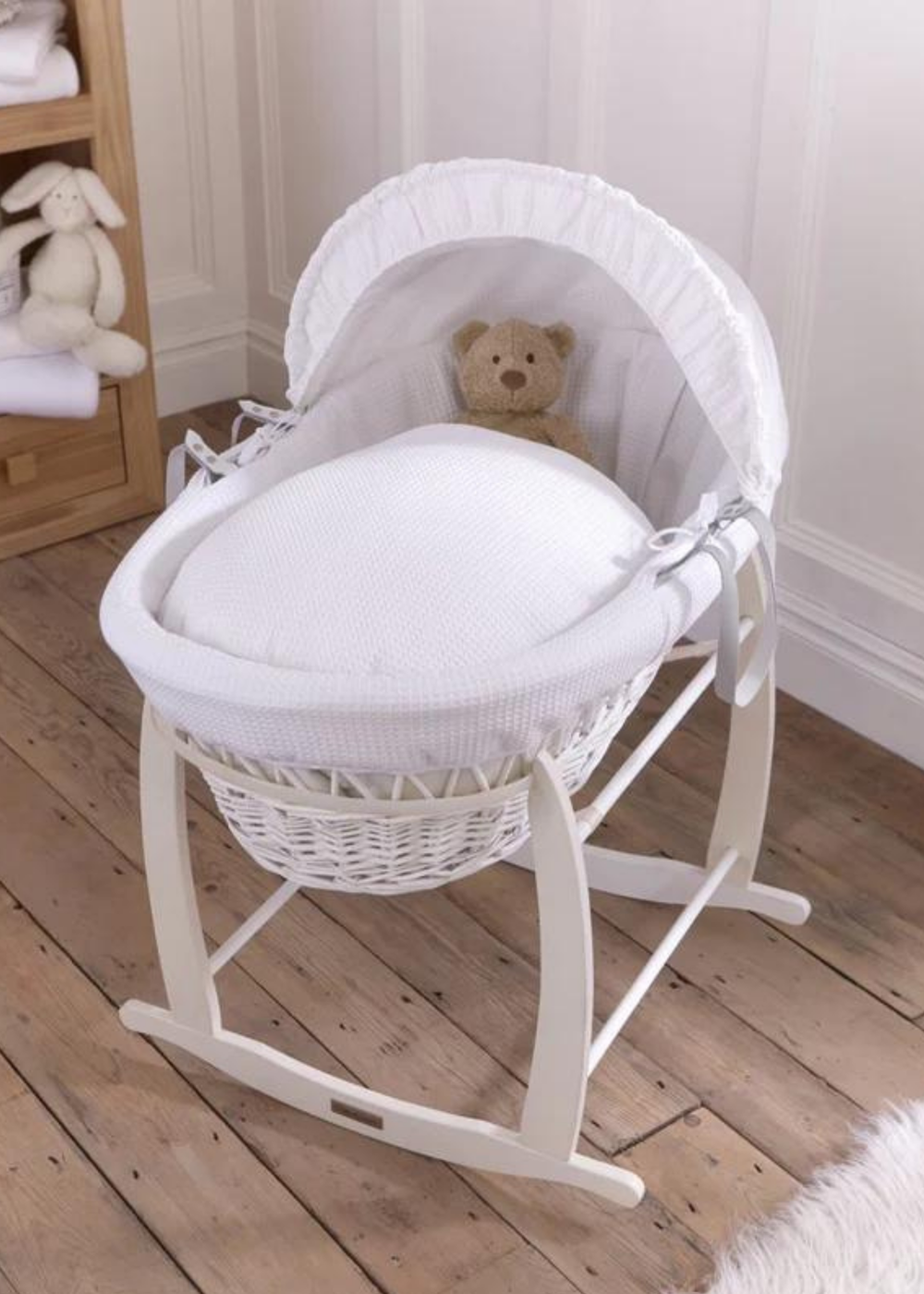 Clair de Lune White Waffle Wicker Moses Basket with Deluxe Rocking Stand - One Size Image 2