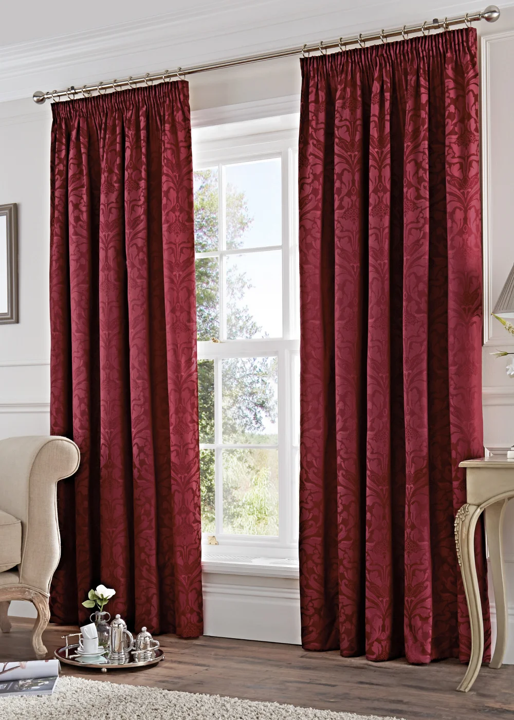 Fusion Eastbourne Jacquard Burgundy Pencil Pleat Curtains - 46W X 54D (116x137cm) Image 1