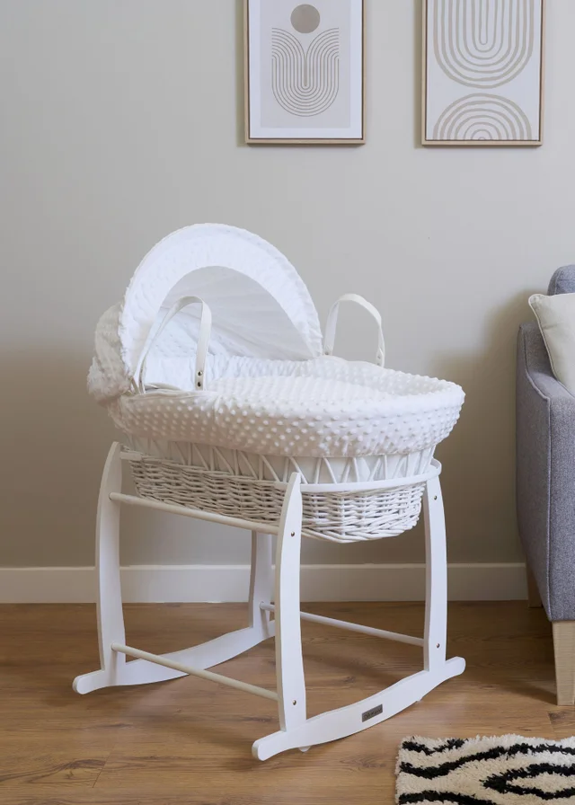 Clair de Lune White Dimple Wicker Moses Basket with Deluxe Rocking Stand
