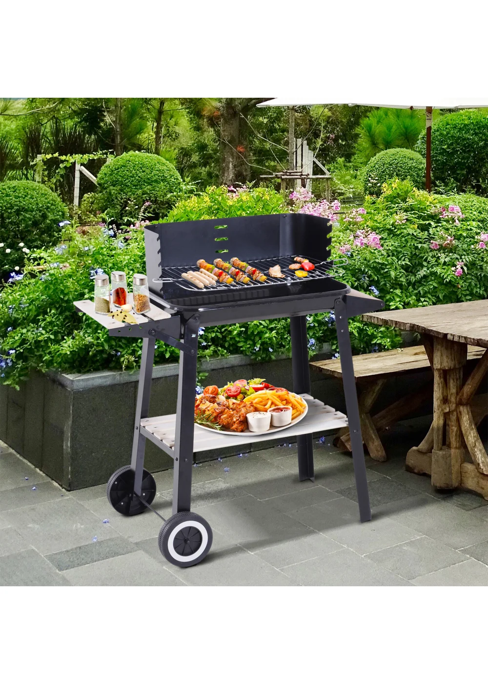 Outsunny Trolley Charcoal BBQ Barbecue Grill with Side Trays Storage Shelf and Wheels - No Size Image 1