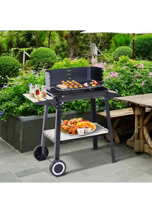 Outsunny Trolley Charcoal BBQ Barbecue Grill with Side Trays Storage Shelf and Wheels - No Size Image 1