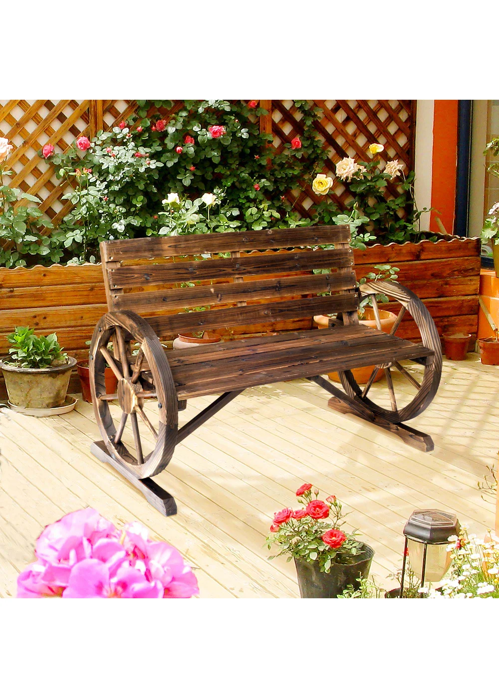 Outsunny 2 Seater Garden Bench Outdoor Garden Armrest Chair with Wooden Cart Wagon Wheel - No Size Image 1