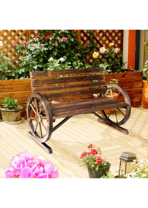Outsunny 2 Seater Garden Bench Outdoor Garden Armrest Chair with Wooden Cart Wagon Wheel - No Size Image 1