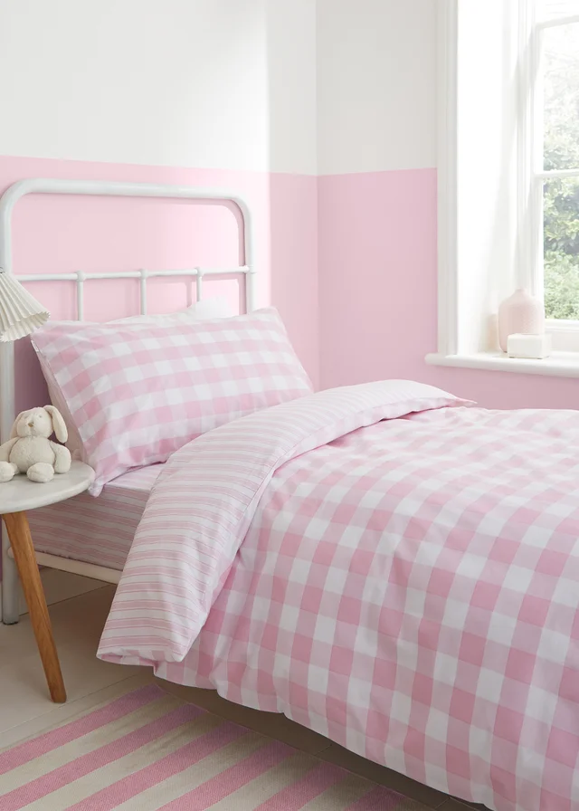 Bianca Fine Linens Check and Stripe Cotton Reversible Duvet Cover Set White Pink