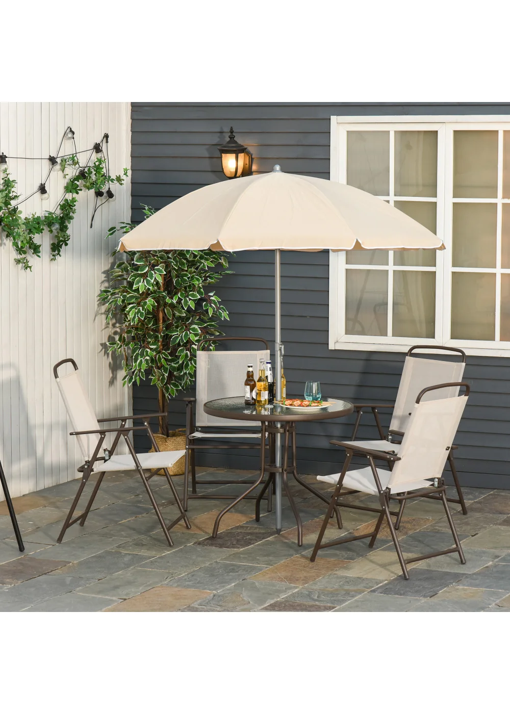 Outsunny 6 Piece Patio Dining Set with Umbrella with Folding Chairs - No Size Image 1