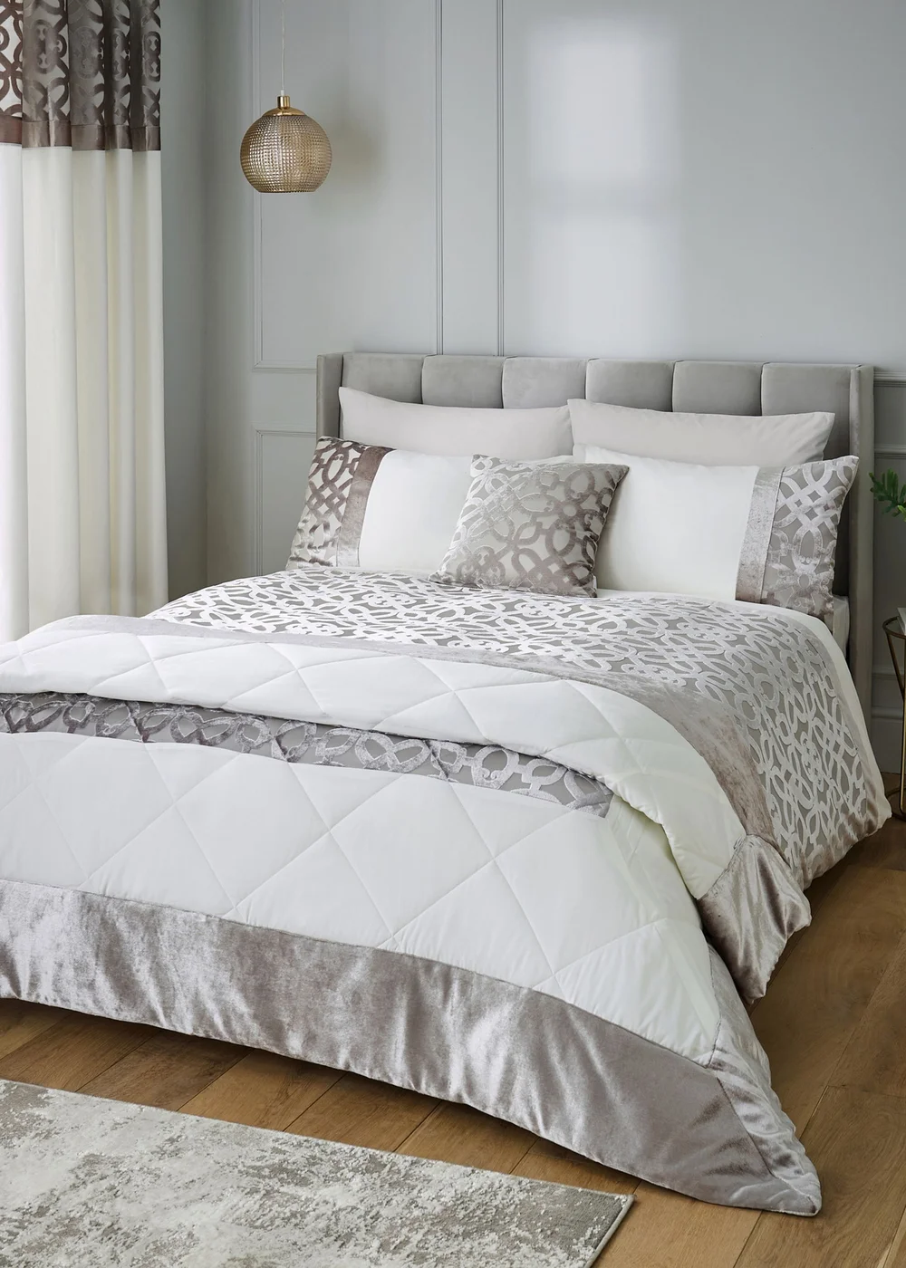 Catherine Lansfield Lattice Cut Velvet Duvet Cover Set Natural - Double Image 1