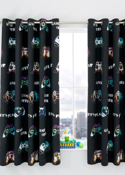 Catherine Lansfield Game Over Fully Reversible Eyelet Curtains Black - 66W X 72D (168x183cm) Image 1