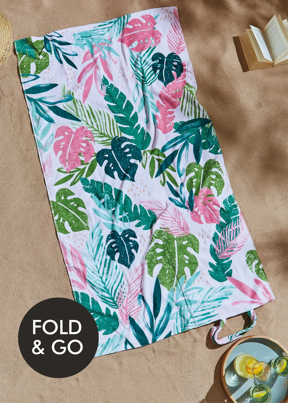 Catherine Lansfield Tropical Palm Cotton Beach Towel in a Bag - 90W x 160D(cm) Image 1