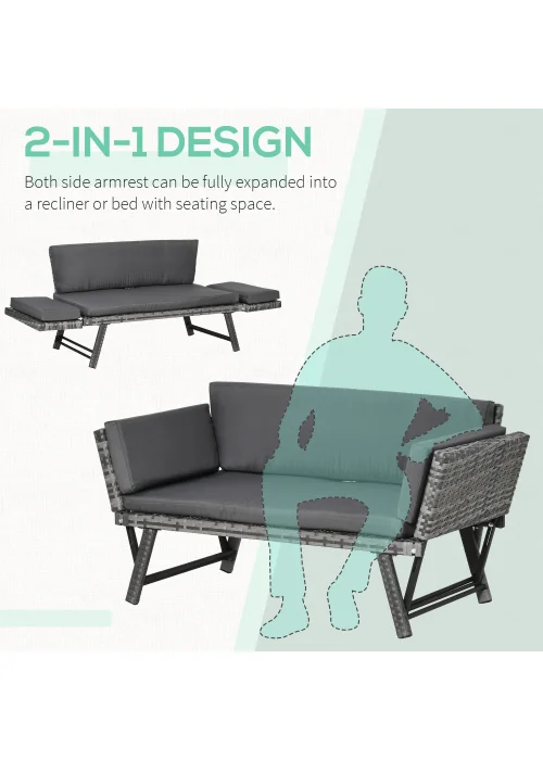 Outsunny 2 in 1Rattan Folding Chaise Lounger w/ Cushion - No Size Image 4