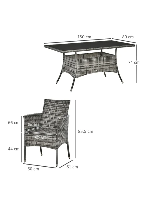 Outsunny Rattan Dining Set for 6 with Cushions Glass Top Table Grey - One Size Image 3