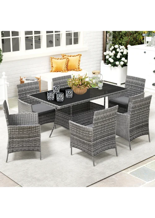 Outsunny Rattan Dining Set for 6 with Cushions Glass Top Table Grey - One Size Image 1