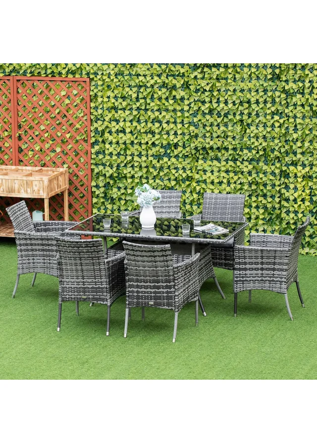Outsunny Rattan Dining Set for 6 with Cushions Glass Top Table Grey