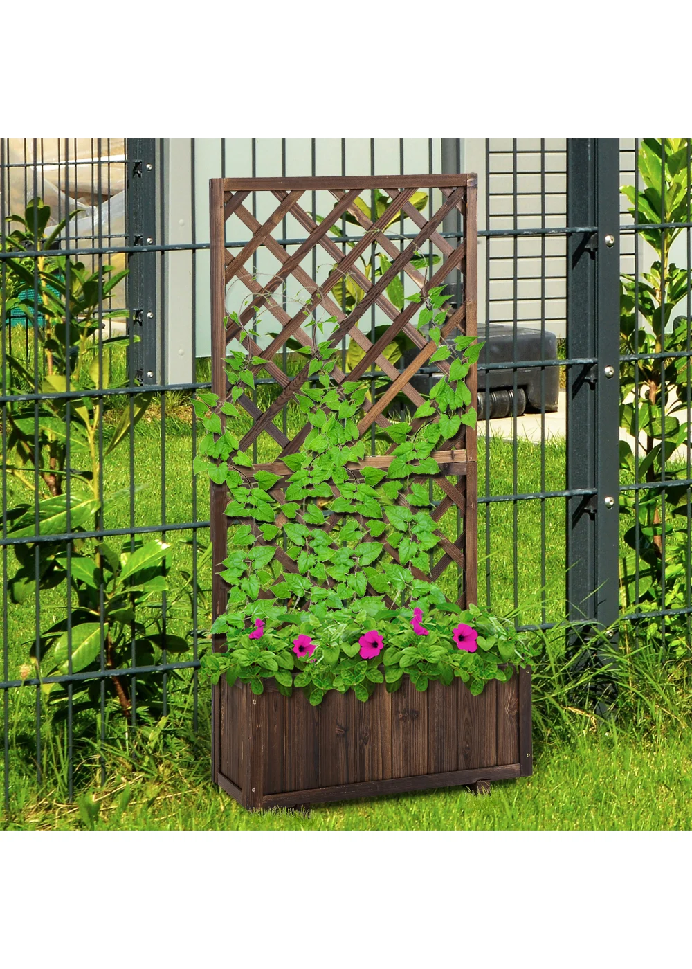 Outsunny 72.5 x 31.5 x 149.5 cm 45L Garden Wooden Pine Trough Planter with Topped Trellis-Carbonised Finish - No Size Image 1