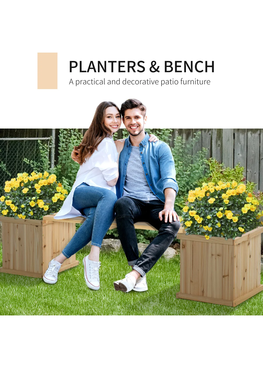 Outsunny Wooden Garden Planter & Bench Combination Garden Raised Bed (37L) - No Size Image 4