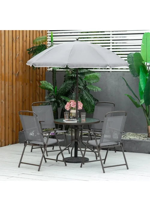 Outsunny 6 Piece Patio Dining Set with Garden Umbrella 4 Folding Chairs Grey - One Size Image 1