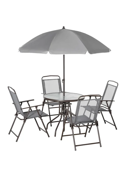 Outsunny 6 Piece Patio Dining Set with Garden Umbrella 4 Folding Chairs Grey - One Size Image 2