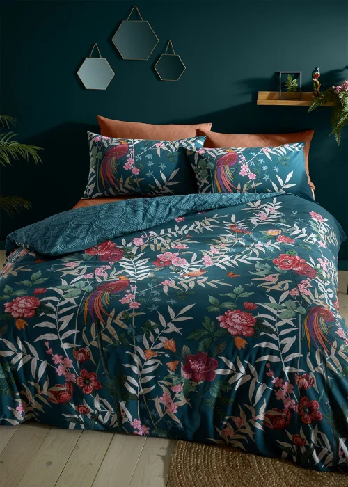 Catherine Lansfield Tropical Floral Birds Reversible Duvet Cover Set Green - Single Image 1