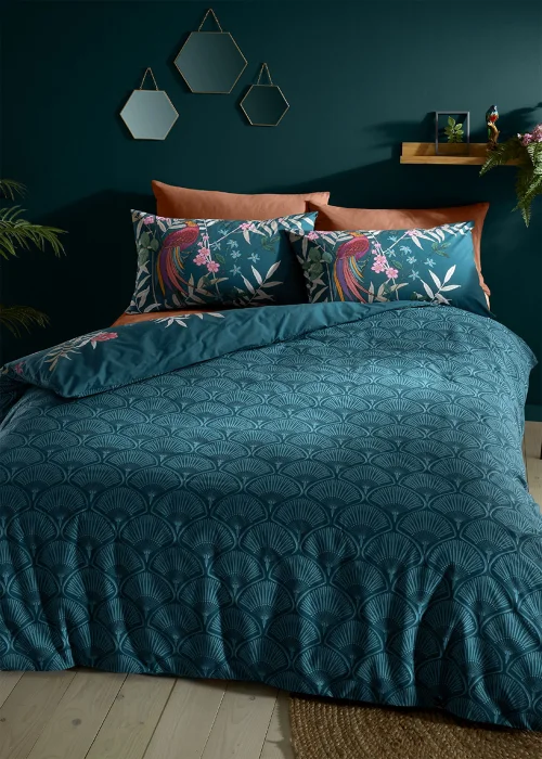 Catherine Lansfield Tropical Floral Birds Reversible Duvet Cover Set Green - Single Image 2