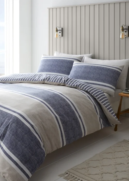 Catherine Lansfield Textured Banded Stripe Reversible Duvet Cover Set Blue - Single Image 1