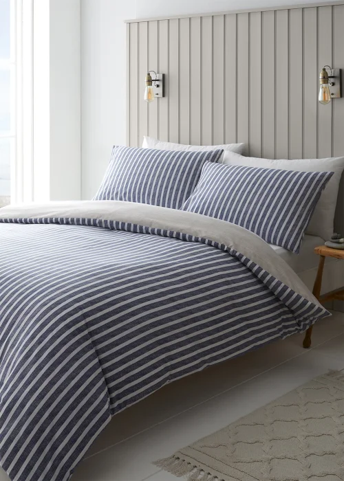 Catherine Lansfield Textured Banded Stripe Reversible Duvet Cover Set Blue - Single Image 2