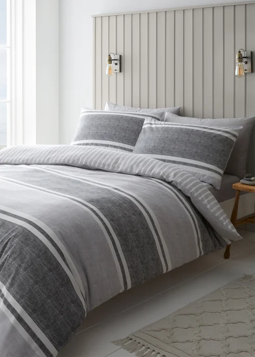Catherine Lansfield Textured Banded Stripe Reversible Duvet Cover Set Charcoal Grey - Single Image 1