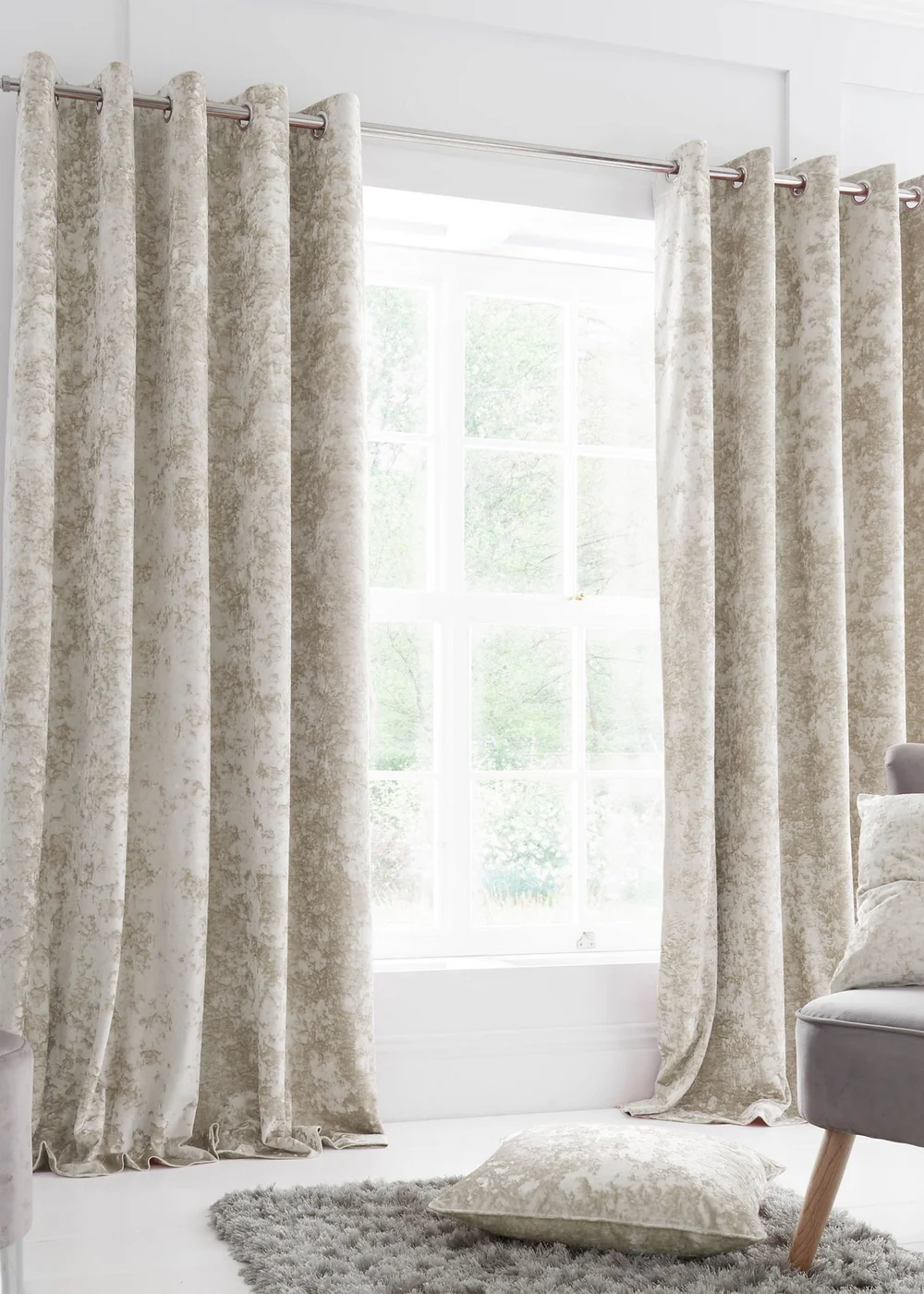 Catherine Lansfield Crushed Velvet Lined Eyelet Curtains Natural - 66W X 54D (168x137cm) Image 1