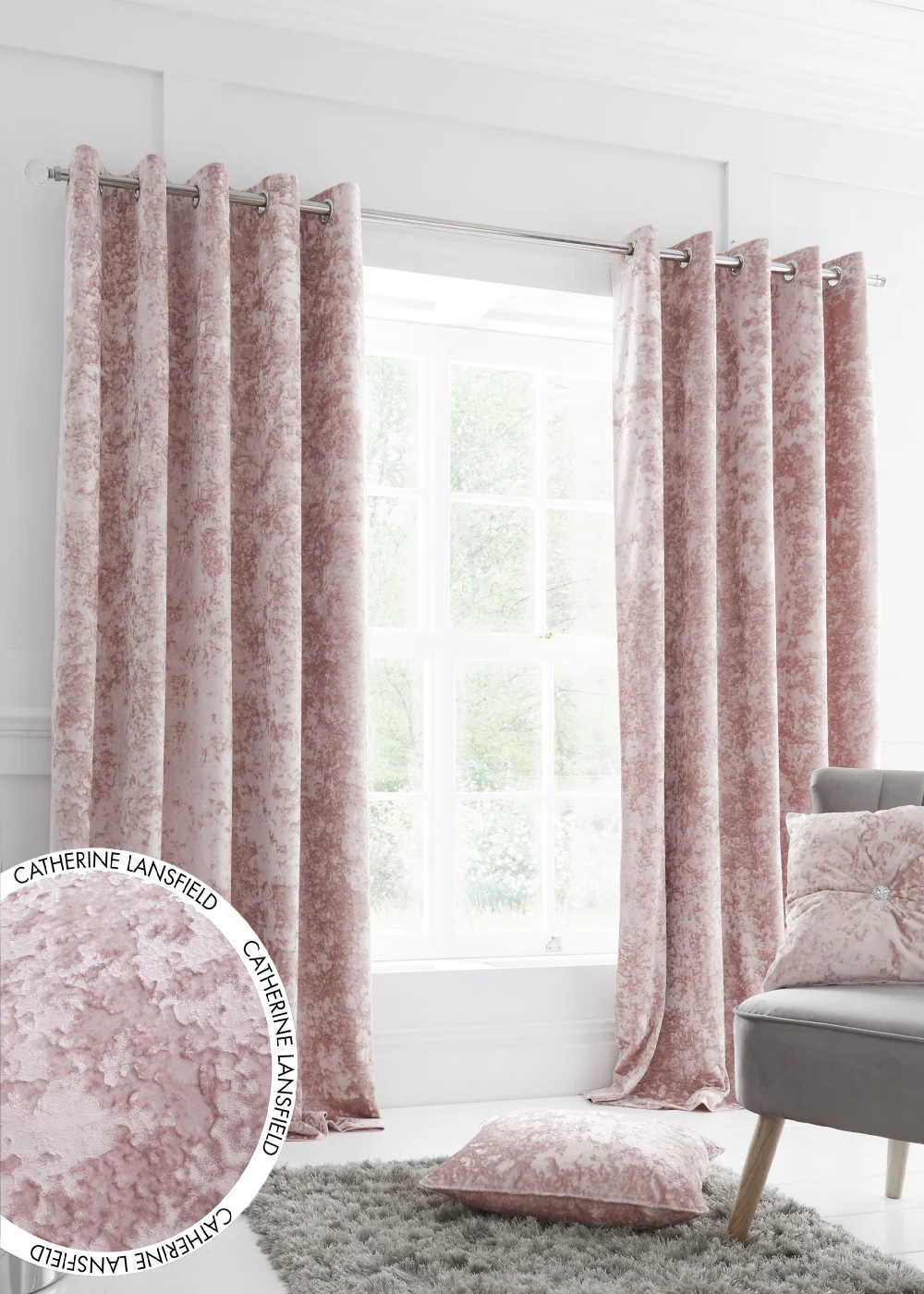 Catherine Lansfield Crushed Velvet Lined Eyelet Curtains Blush Pink - 66W X 54D (168x137cm) Image 1