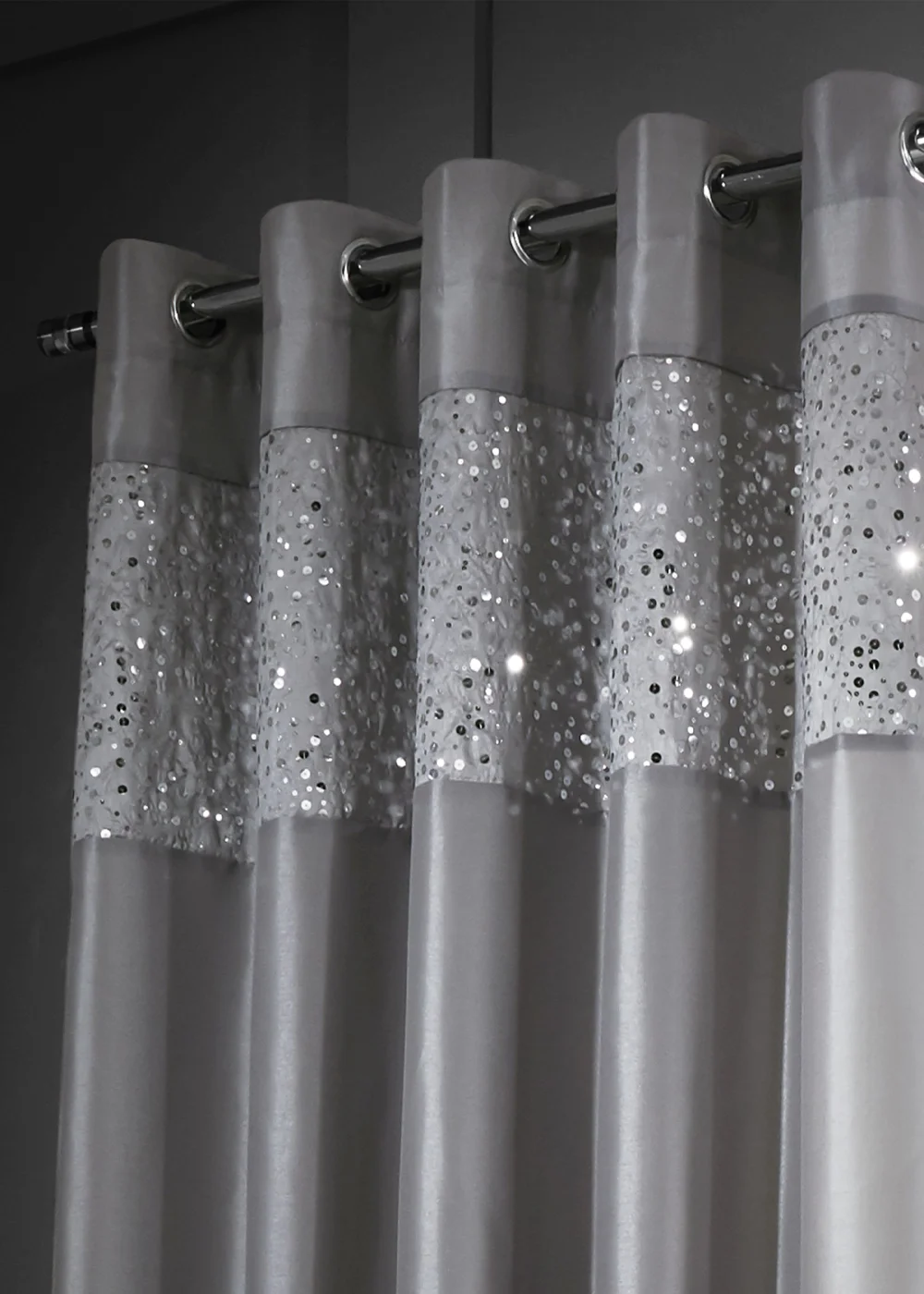 Catherine Lansfield Glitzy Sequin Lined Eyelet Curtains Grey - 66W X 54D (168x137cm) Image 2