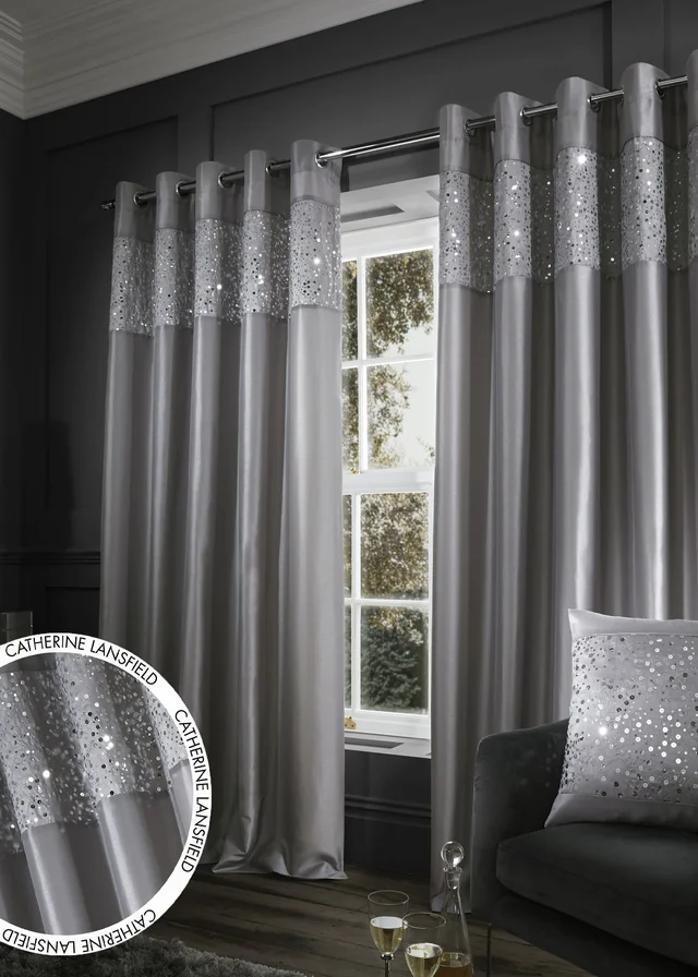 Catherine Lansfield Glitzy Sequin Lined Eyelet Curtains Grey