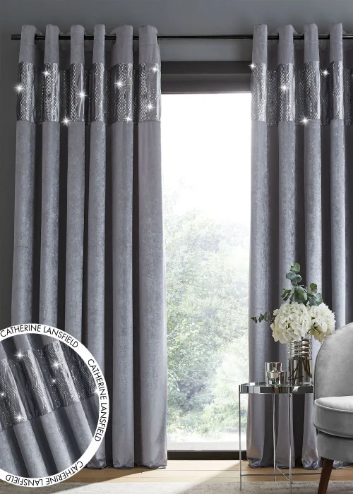 Catherine Lansfield Crushed Velvet Glamour Sequin Lined Eyelet Curtains Grey - 66W X 54D (168x137cm) Image 1