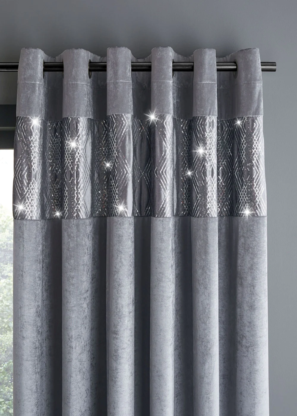 Catherine Lansfield Crushed Velvet Glamour Sequin Lined Eyelet Curtains Grey - 66W X 54D (168x137cm) Image 2