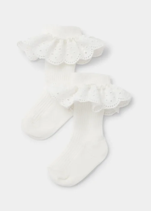 Baby 2 Pack Cream Schiffli Frill Socks (Newborn-23mths) - Up to 1 Month Image 1