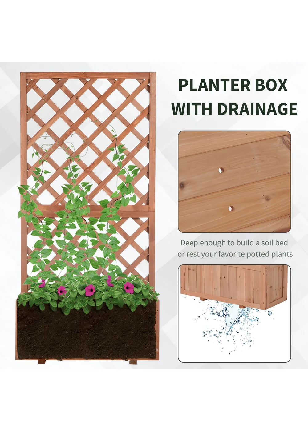 Outsunny Garden Wooden Pine Trough Planter with Topped Trellis (45L) - No Size Image 5