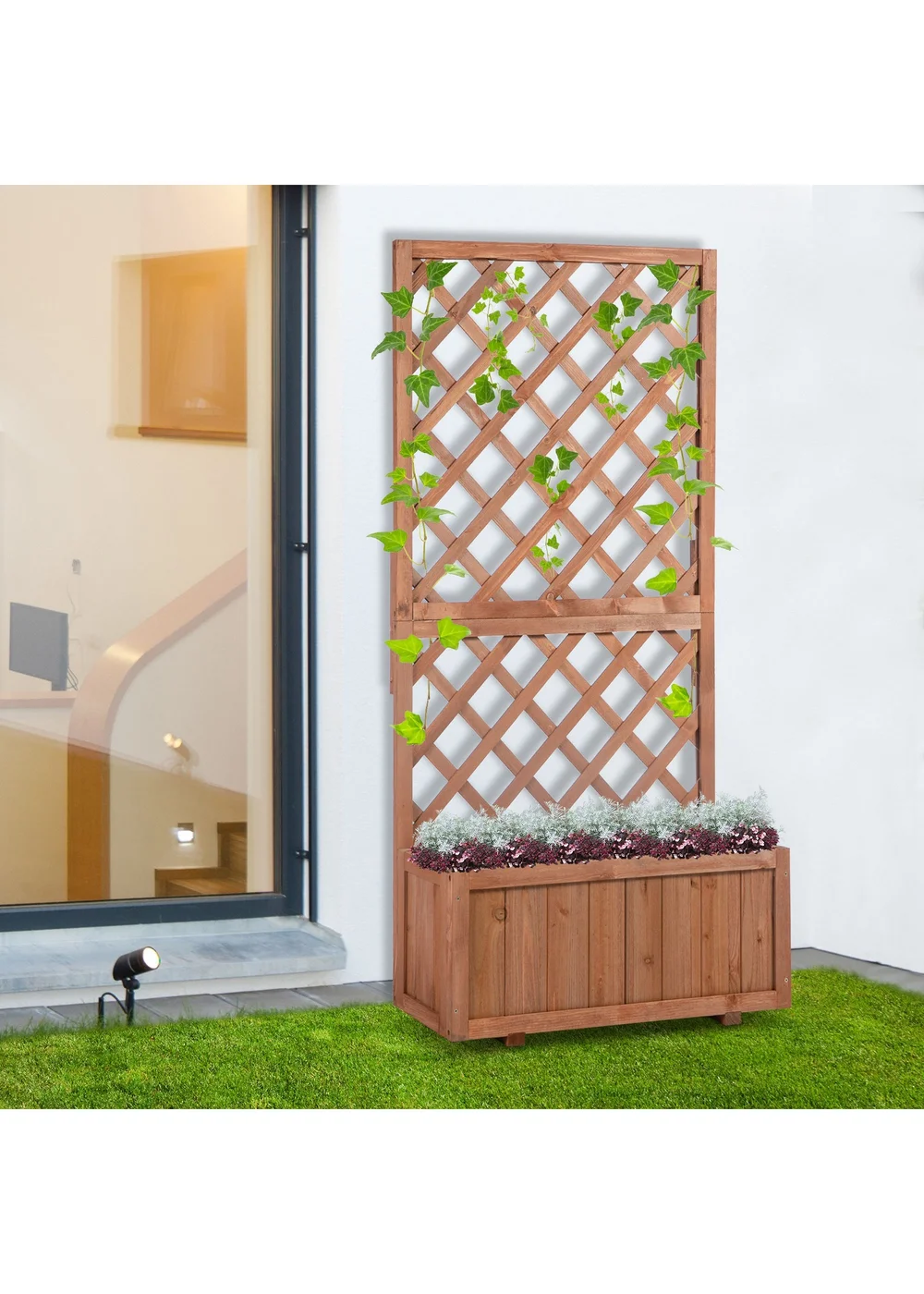 Outsunny 72.5 x 31.5 x 149.5 cm 45L Garden Wooden Pine Trough Planter with Topped Trellis-Orange - No Size Image 1