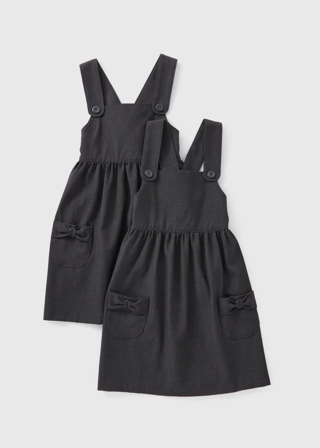 Girls 2 Pack Grey Pinafore Bow Pocket School Dress (3-9yrs)