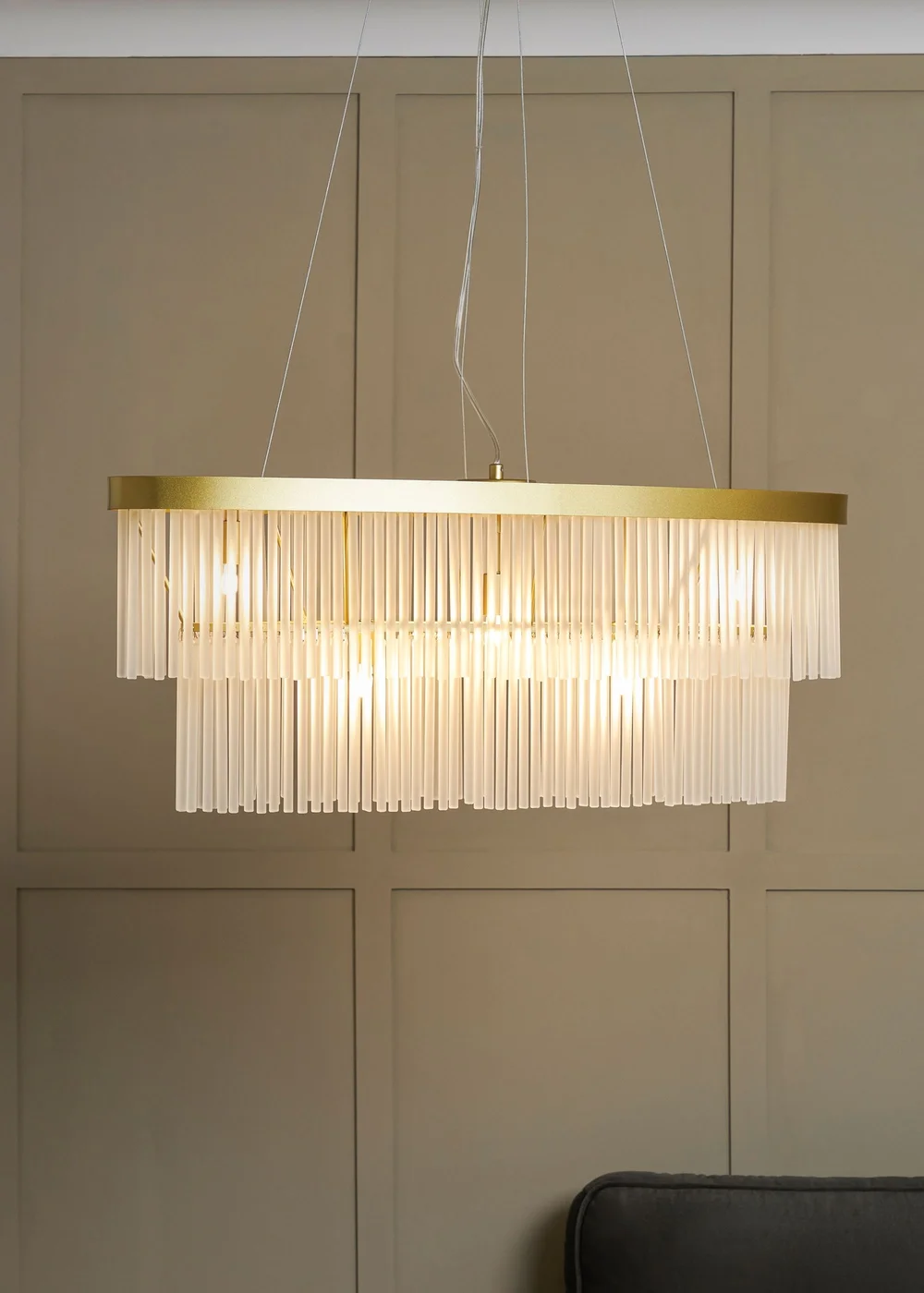 BHS Aubrey Frosted Oval Diner Pendant 5 Light Brass (Adjustable 43-130cm x 82cm) - One Size Image 1