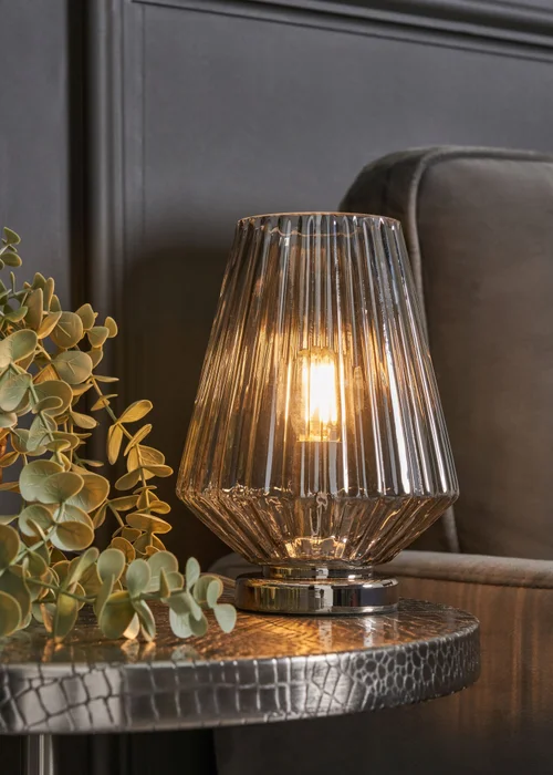 BHS Poplar Ribbed Glass Vessel Table Lamp Chrome & Smoke (20cm x 15cm) - One Size Image 1