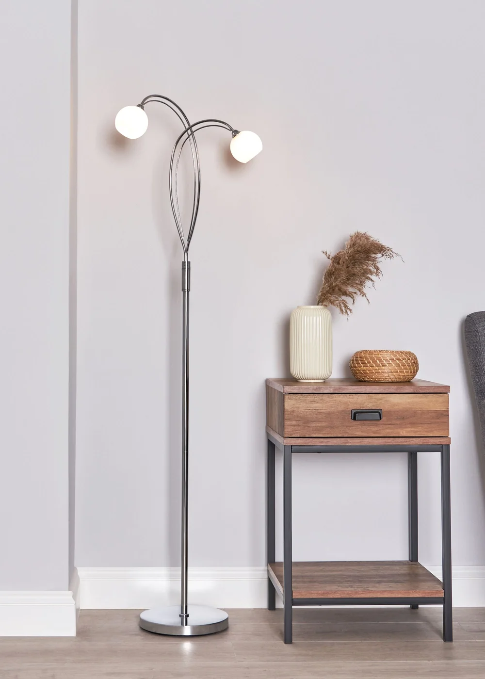 BHS Soni Floor Lamp 2 Light Chrome (149cm x 45cm) - One Size Image 1