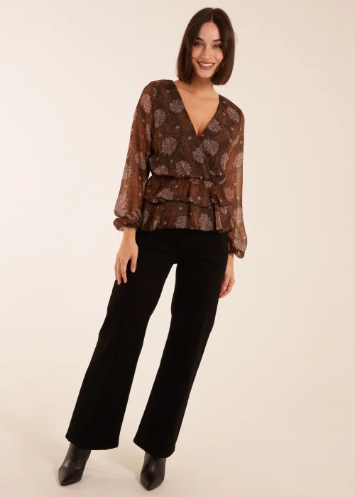 Blue Vanilla Brown Floral Ruffle Wrap Blouse - Size 10 Image 3